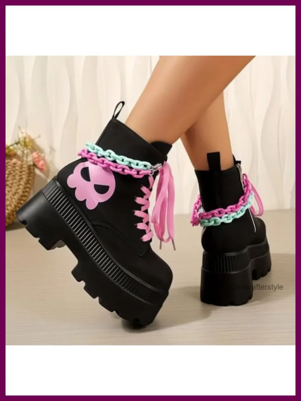 Women's Goth Platform Ankle Boots Bat Wing Buckle Chunky Heels PU Leather Round